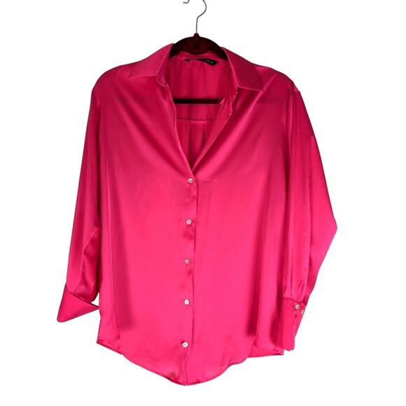 NWOT‎ Zara Hot Pink Satin feel Blouse - Picture 1 of 8